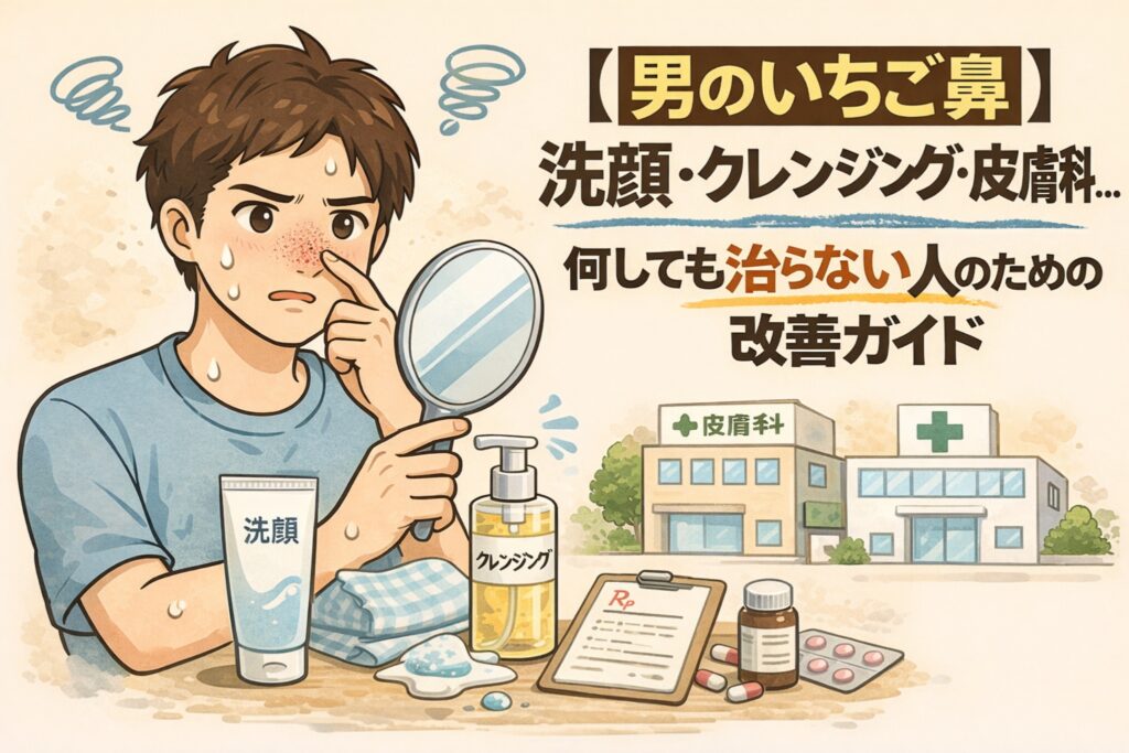 男性のいちご鼻が洗顔・クレンジング・皮膚科に通っても治らない理由を解説するイラスト。鼻の赤みや毛穴を気にして鏡を見る男性と、洗顔料・クレンジング・処方薬・皮膚科の建物を配置し、従来ケアの限界と改善ガイドを視覚的に示している。