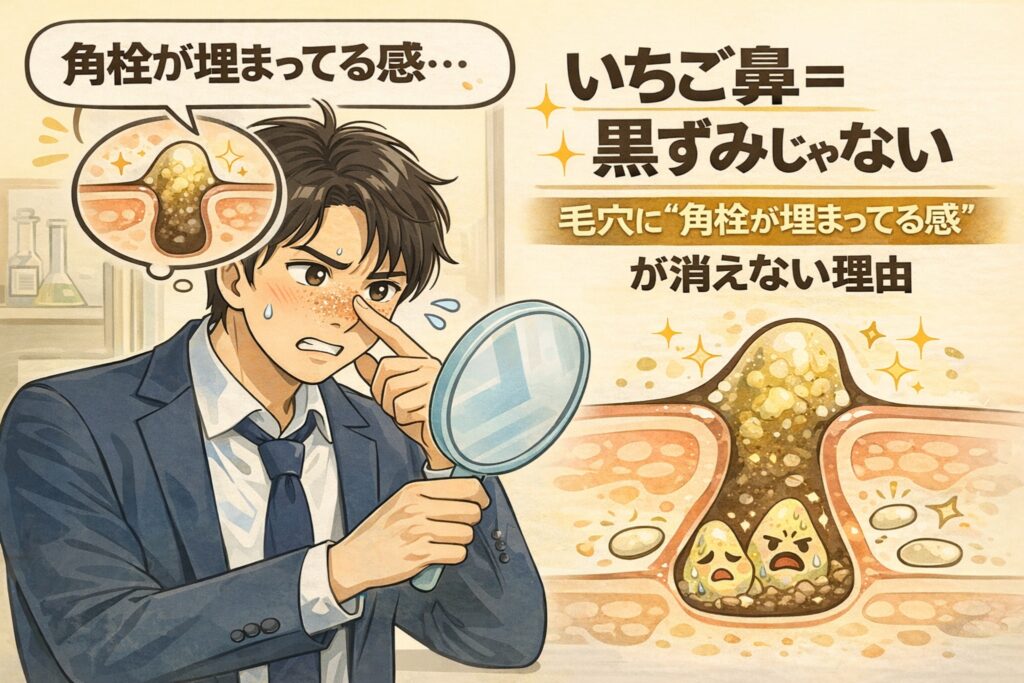 いちご鼻は黒ずみではなく、毛穴に角栓が詰まっていることで「埋まっている感覚」が残る状態であることを解説するイラスト。鏡で鼻を確認する男性と、毛穴断面図に描かれた角質と皮脂の蓄積を通して、黒ずみがなくてもザラつきや詰まり感が消えない理由を分かりやすく示している。