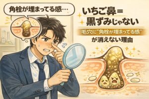 いちご鼻は黒ずみではなく、毛穴に角栓が詰まっていることで「埋まっている感覚」が残る状態であることを解説するイラスト。鏡で鼻を確認する男性と、毛穴断面図に描かれた角質と皮脂の蓄積を通して、黒ずみがなくてもザラつきや詰まり感が消えない理由を分かりやすく示している。