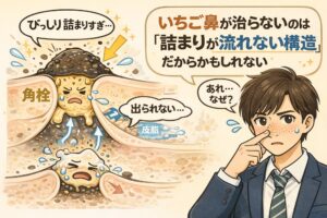いちご鼻が治らない原因が「角栓や皮脂が詰まり、流れ出せない構造」にあることを解説したイラスト。毛穴断面で角栓と皮脂が出口を塞ぎ、排出できずに溜まっている様子と、鼻の黒ずみに悩む男性の表情を通して構造的な問題を示している。