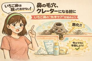 いちご鼻を放置すると毛穴がクレーター状に悪化することを説明するイラスト。鼻に角栓が詰まった状態に悩む女性が指を立てて注意を促し、毛穴断面図で詰まり毛穴が進行して悪化する様子と、早めの予防ケアが重要であることを図解している美容解説画像。
