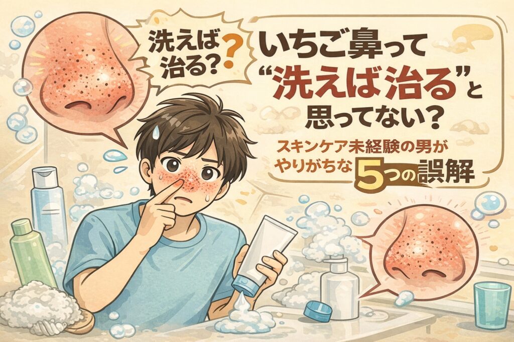 「いちご鼻は洗えば治る」と思いがちな男性の誤解を解説するイラスト。洗顔料を手に鼻の赤いポツポツを気にする男性と、拡大された鼻の毛穴図で黒ずみや角栓が洗顔だけでは解消しにくい様子を表現。スキンケア未経験の男性が陥りやすい5つの誤解をテーマに、泡洗顔と毛穴状態のギャップを分かりやすく伝えている。