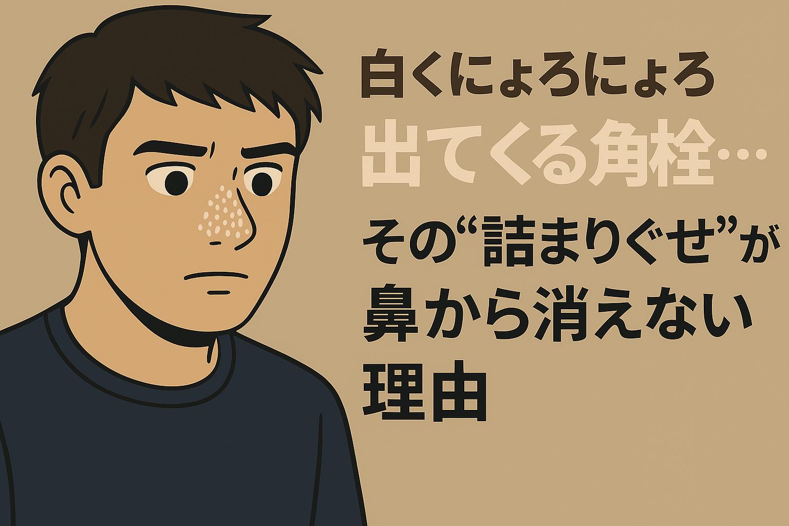 白い皮脂が毛穴に残り続ける状態を視覚化した構図。詰まりが繰り返される理由を探る男性の真剣な表情が印象的。