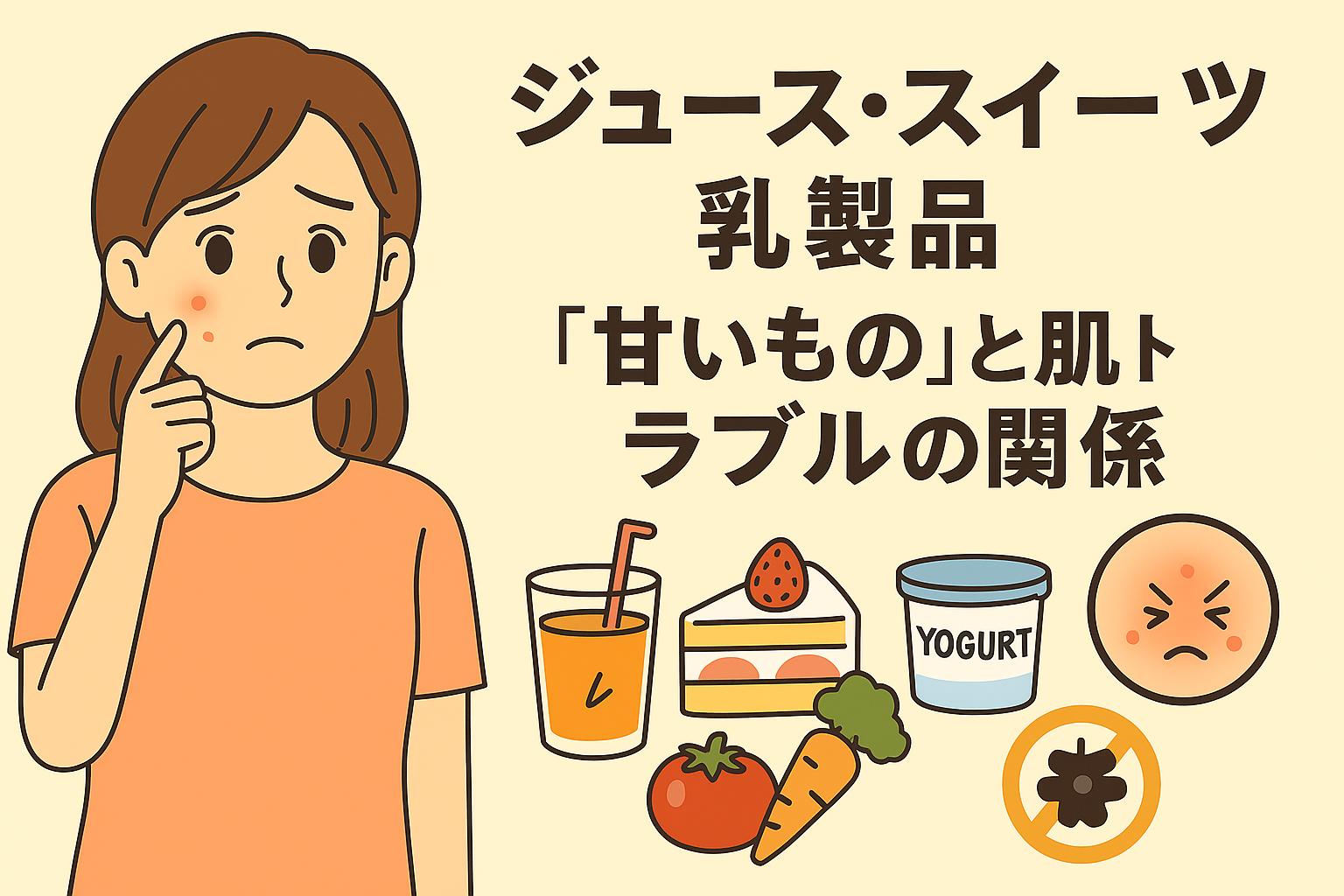 ニキビに悩む女性が赤い吹き出物を指差すイラスト。右側には「ジュース・スイーツ・乳製品──『甘いもの』と肌トラブルの関係」という見出しと、ジュース、ショートケーキ、ヨーグルト、野菜、肌荒れアイコン、甘い物禁止マークが並ぶ構成。