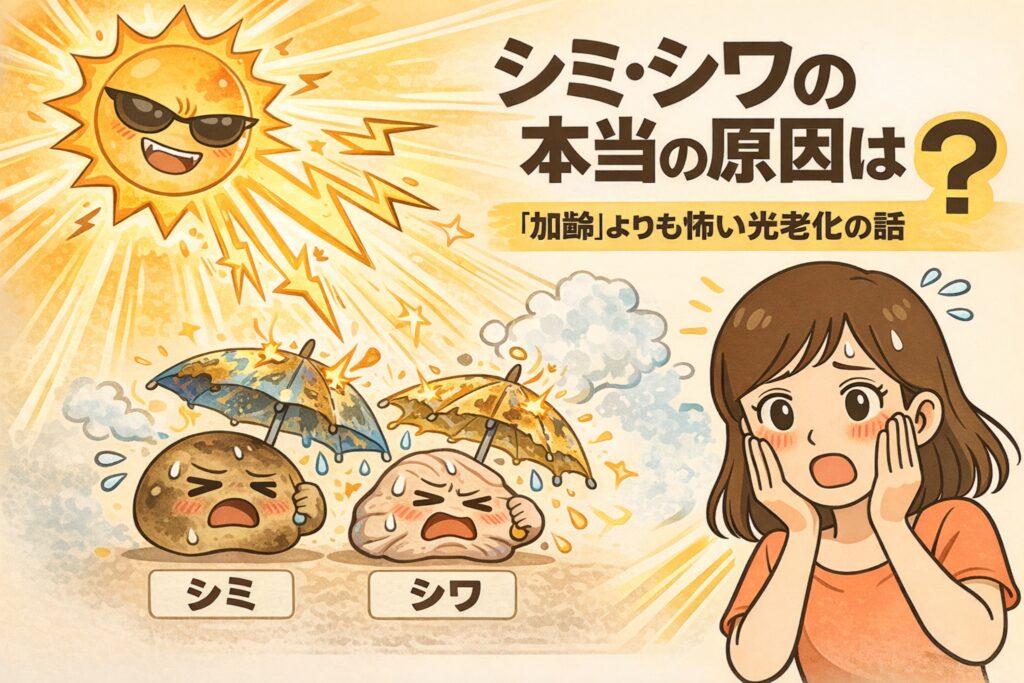 シミやシワの本当の原因が加齢ではなく紫外線による光老化であることを解説したイラスト。強い日差しを浴びる太陽と、ダメージを受けるシミ・シワを擬人化し、紫外線が肌老化を進める仕組みを示している。