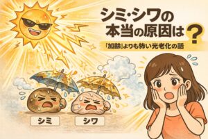 シミやシワの本当の原因が加齢ではなく紫外線による光老化であることを解説したイラスト。強い日差しを浴びる太陽と、ダメージを受けるシミ・シワを擬人化し、紫外線が肌老化を進める仕組みを示している。