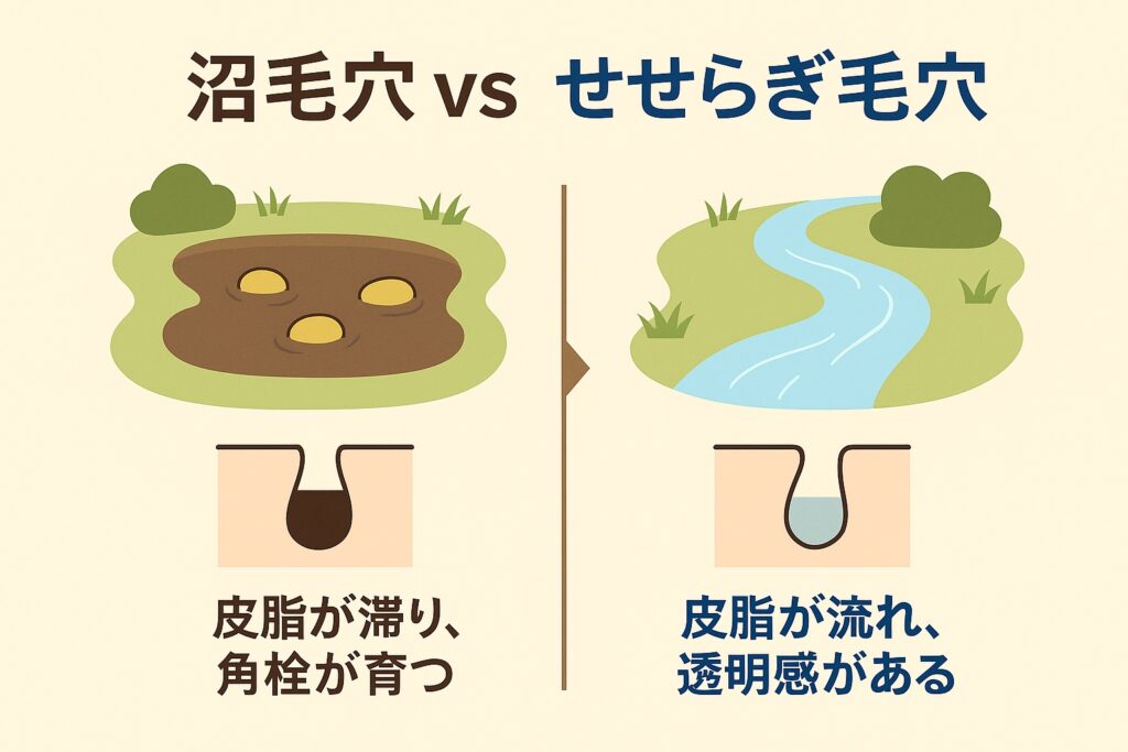 「沼毛穴 vs せせらぎ毛穴」を示す対比イラスト。
左:濁った沼に皮脂が滞留し、毛穴に角栓が育つ様子を表現。
右:せせらぎのように皮脂が自然に流れ、毛穴が透明感を保つ様子を描写。
毛穴を「沼」と「川」にたとえて、詰まりやすい毛穴と健やかな毛穴の違いを直感的に理解できるデザイン。