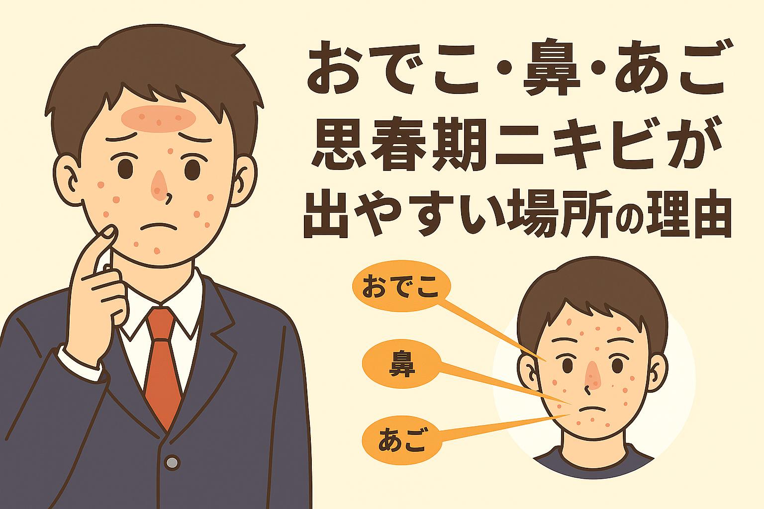 思春期の男子が、おでこ・鼻・あごにニキビができた顔を気にしている様子。右側には「おでこ・鼻・あご 思春期ニキビが出やすい場所の理由」というタイトルとともに、それぞれの部位にラベルを付けた図解が描かれている。