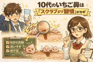 10代のいちご鼻はスクラブよりも日々の習慣が重要であることを解説する図解イラスト。「10代のいちご鼻は『スクラブより習慣』がカギ」という見出しのもと、スクラブを使って悩む男子学生と、毛穴断面に詰まった角栓の様子が拡大表示されている。黒板には「ながら洗顔」「洗いすぎ」「寝不足」といった悪習慣が示され、右側では女子学生が正しいケアのポイントを説明している。10代向けに、刺激の強いケアより生活習慣と継続ケアの大切さを伝える教育用ビジュアル。