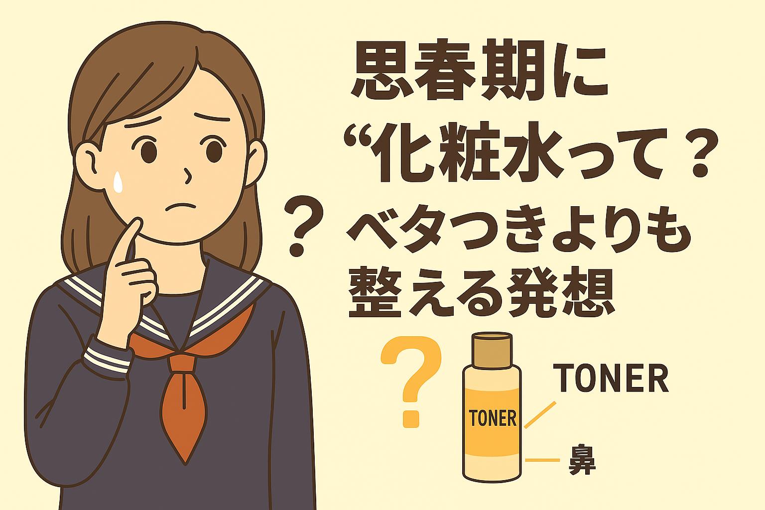 セーラー服を着た女子中学生が、「化粧水って必要？」と悩む表情で頬に指を当てている。右側には「思春期に“化粧水って？” ベタつきよりも整える発想」というメッセージと、TONERと書かれた化粧水ボトル、疑問符のマークが描かれている。
