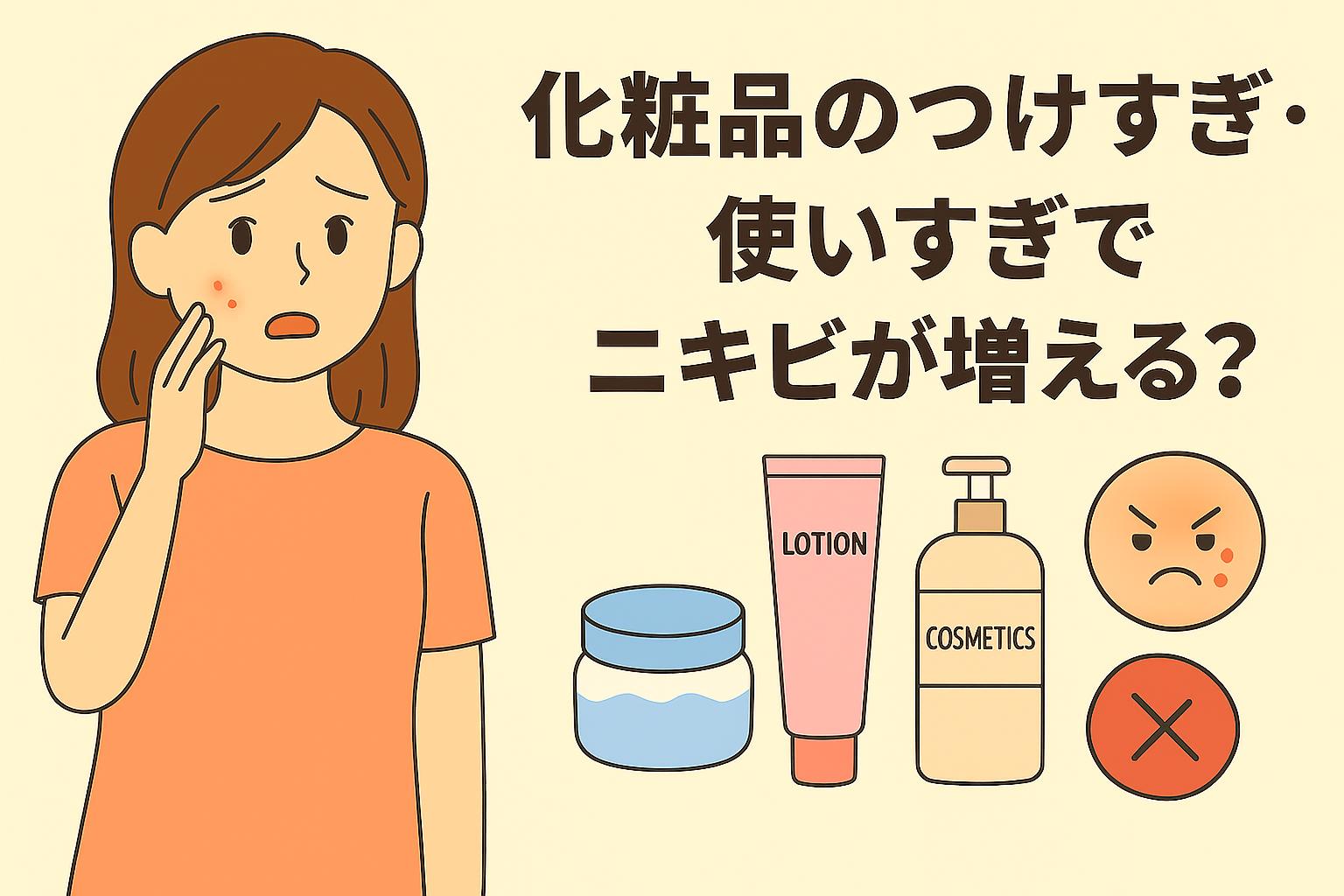 頬のニキビに悩む女性が化粧品の使用量に戸惑っている様子。周囲にはローション・クリーム・コスメボトルが描かれ、「化粧品のつけすぎ・使いすぎでニキビが増える？」という問いと、怒った顔のアイコンが並ぶ警告ビジュアル。