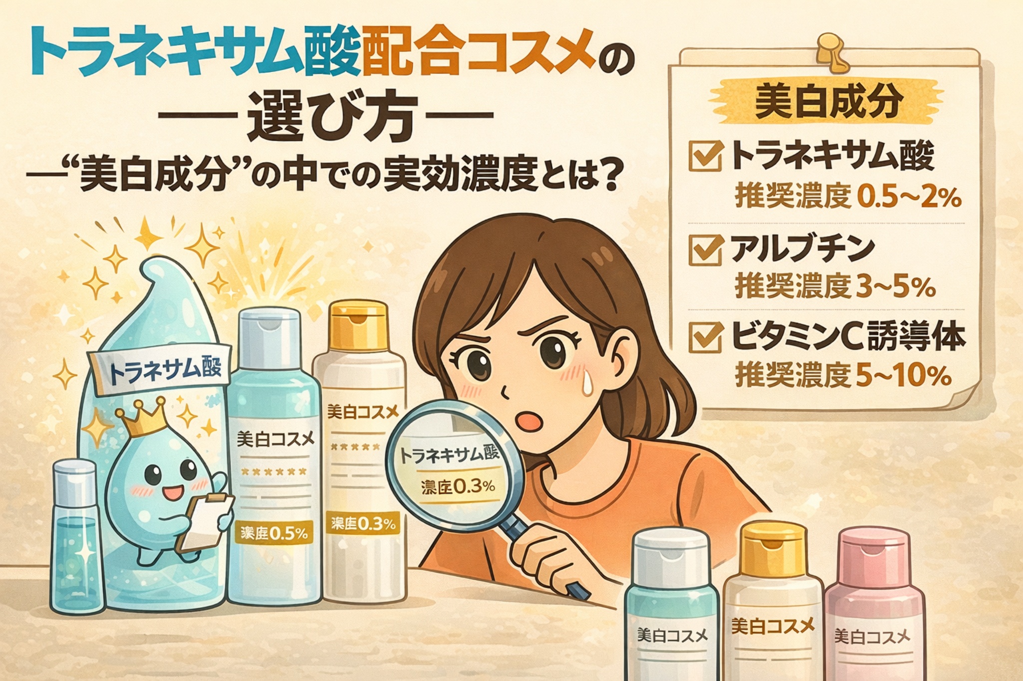 トラネキサム酸配合コスメの選び方を解説した図解イラスト。美白成分としてのトラネキサム酸を中心に、推奨濃度の目安やアルブチン、ビタミンC誘導体との比較を、コスメボトル、濃度表示、チェックリスト形式でわかりやすく示している。