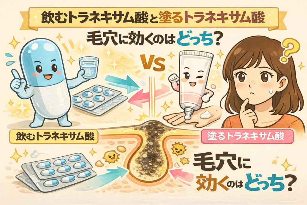飲むトラネキサム酸と塗るトラネキサム酸の違いを、毛穴への作用という視点で比較したイラスト。錠剤と水を持つ擬人化キャラクターと、クリームチューブを持つキャラクターを左右に配置し、中央には毛穴断面図を描いて、どちらが毛穴に効くのかをわかりやすく対比している。