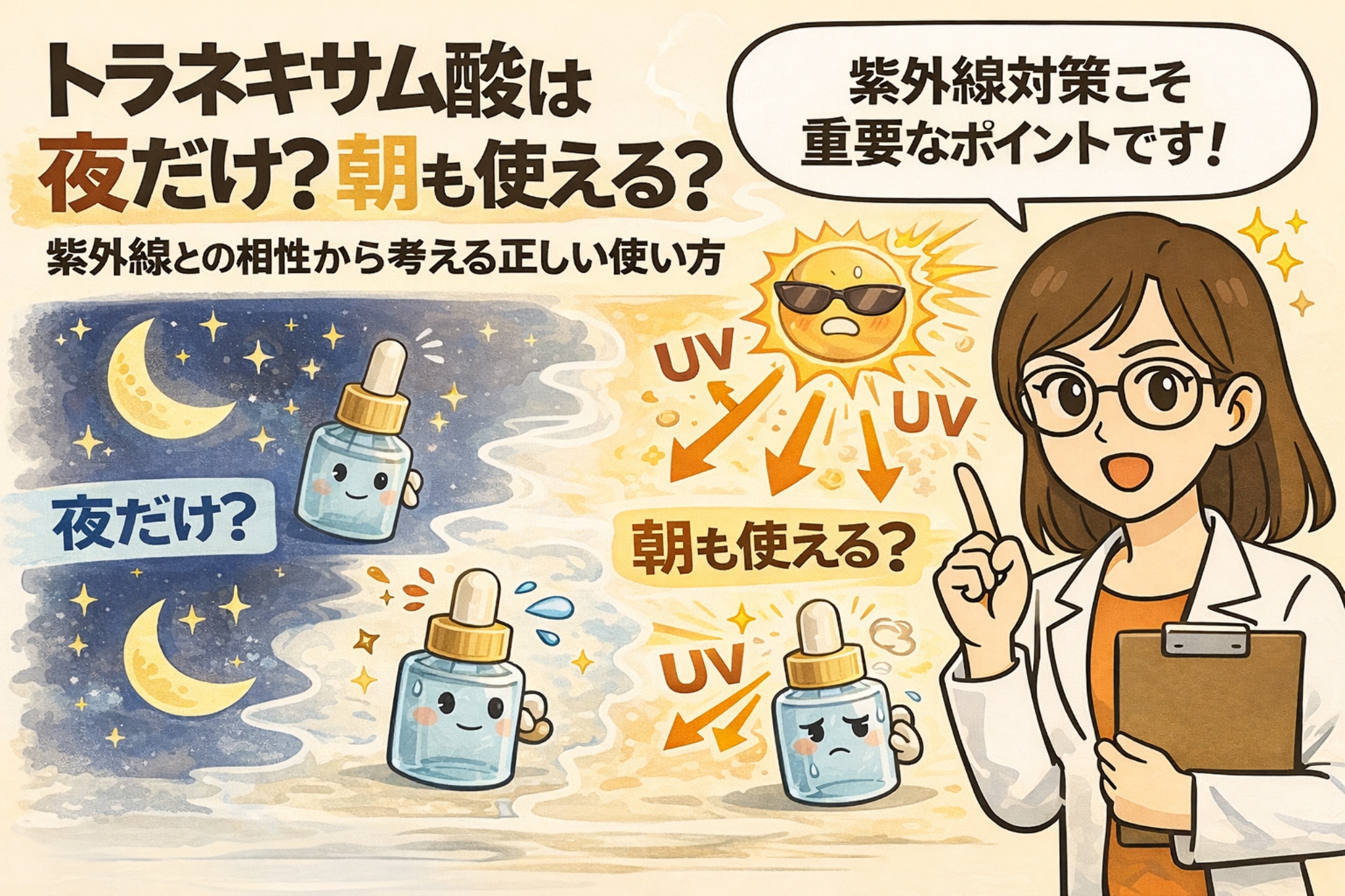 トラネキサム酸は夜だけでなく朝も使えるのかを、紫外線との相性から解説する図解イラスト。左側では夜の使用シーンとして月と美容液ボトルが描かれ、右側では太陽と紫外線（UV）を背景に朝使用時の注意点が示されている。白衣の女性が指差しで説明し、トラネキサム酸使用時は紫外線対策が重要であること、朝夜で使い分ける考え方を視覚的に伝えるビジュアル。
