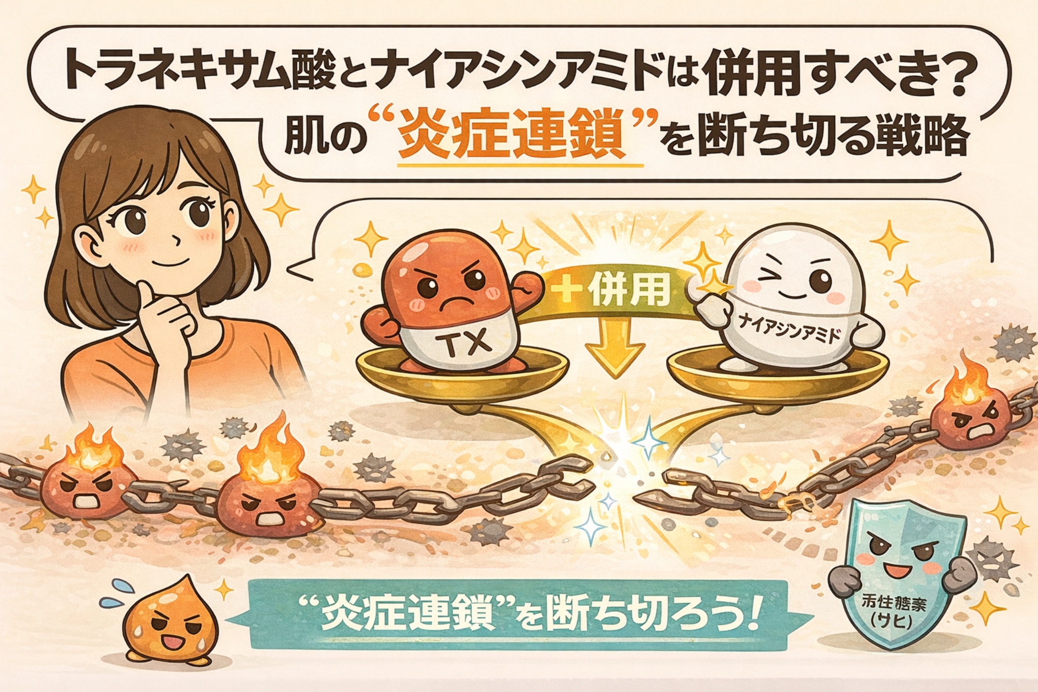 トラネキサム酸とナイアシンアミドを併用する考え方を、肌の「炎症連鎖」を断ち切る視点で解説した図解イラスト。炎症を象徴する鎖を、トラネキサム酸（TX）とナイアシンアミドの組み合わせで分断する様子を、天秤や擬人化キャラクター、盾のモチーフでわかりやすく示している。