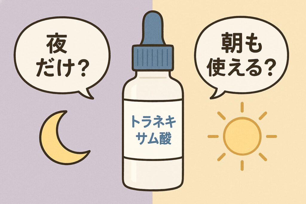 「中央にトラネキサム酸のボトル、左側に“夜だけ？”と月のアイコン、右側に“朝も使える？”と太陽のアイコンが描かれたQ&Aイラスト。朝と夜どちらでも使えるかを問いかけるデザイン。」