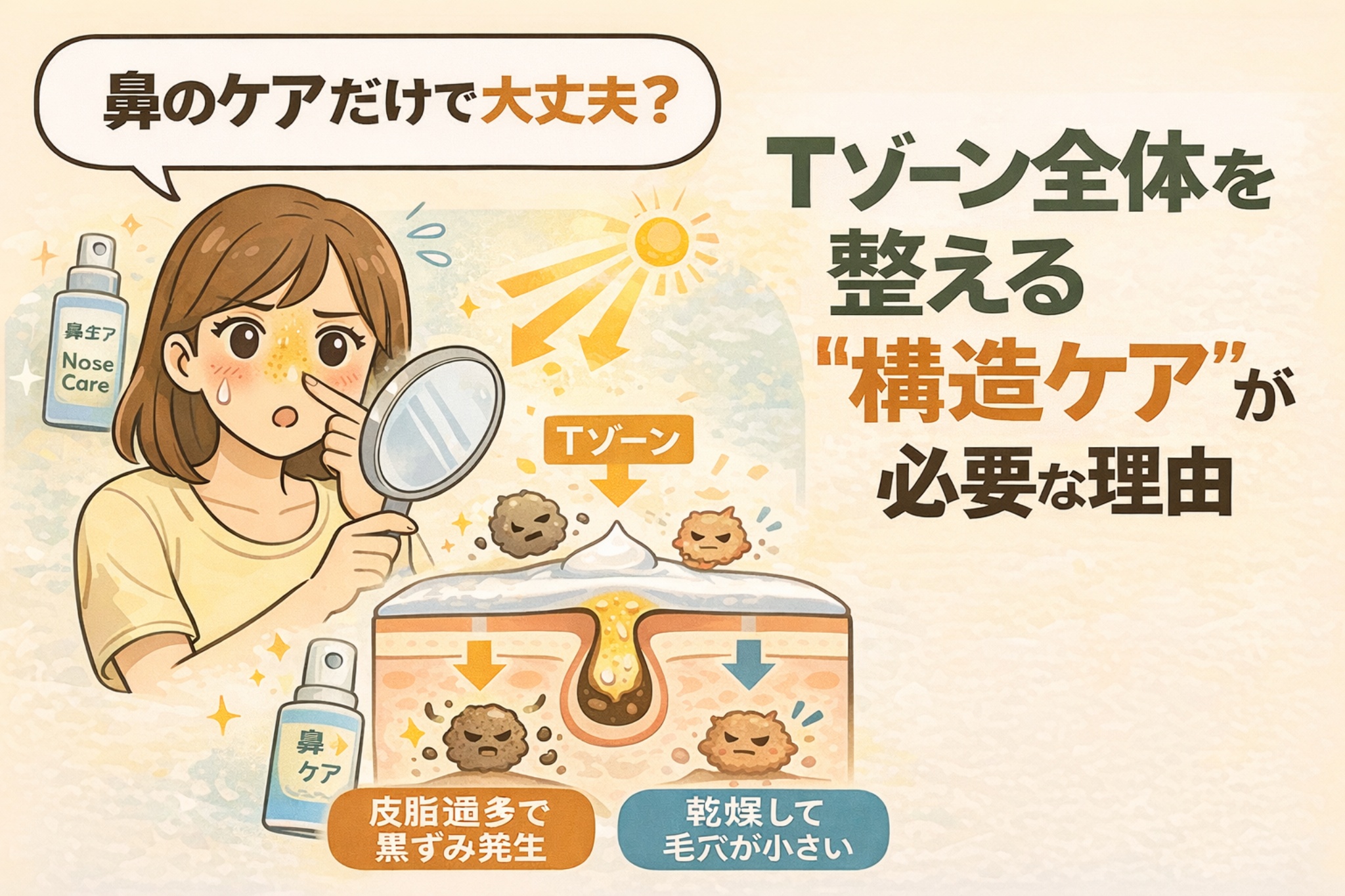 Tゾーン全体の毛穴構造を解説するイラスト。鼻だけをケアする女性が鏡を見て悩んでおり、Tゾーン断面図では皮脂過多による黒ずみと、乾燥で毛穴が小さくなる部位の違いが描かれている。構造的にTゾーン全体を整えるケアの必要性を示している。