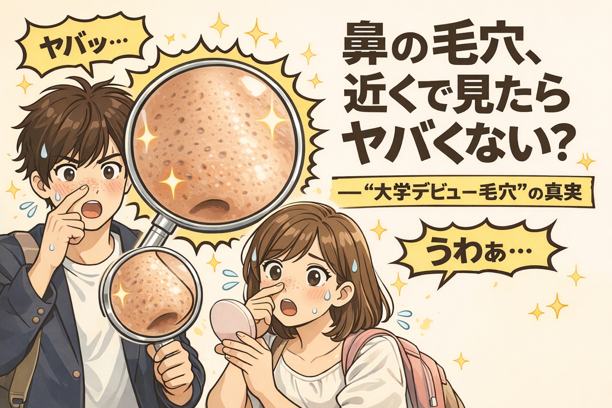 大学生の男女が鼻の毛穴を近くで見て驚いている様子を描いたイラスト。拡大鏡で黒ずみや毛穴の詰まりが強調され、「近くで見るとヤバい」大学デビュー期の毛穴トラブルを表現している。