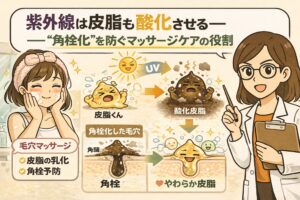 紫外線によって皮脂が酸化し、角栓化や毛穴詰まりにつながる仕組みと、それを防ぐための毛穴マッサージケアの役割を解説したイラスト。紫外線を浴びて酸化する皮脂、角栓化した毛穴、マッサージによってやわらかく整う皮脂の流れを、人物と毛穴断面の図解で表現している。