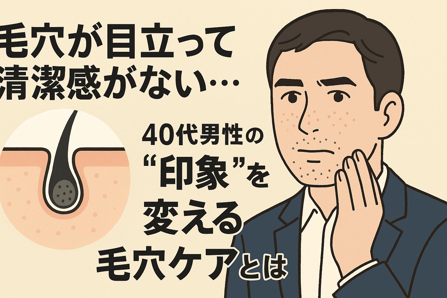 毛穴が目立つことで清潔感を損なって見える40代男性に向けたイラスト。スーツ姿の男性が気になるように頬を触れ、鼻や頬に黒ずみ毛穴が描かれている。左側には詰まり毛穴の断面図が配置され、「印象を変える毛穴ケア」の重要性を訴求する日本語テキストが大きく表示されている構成。