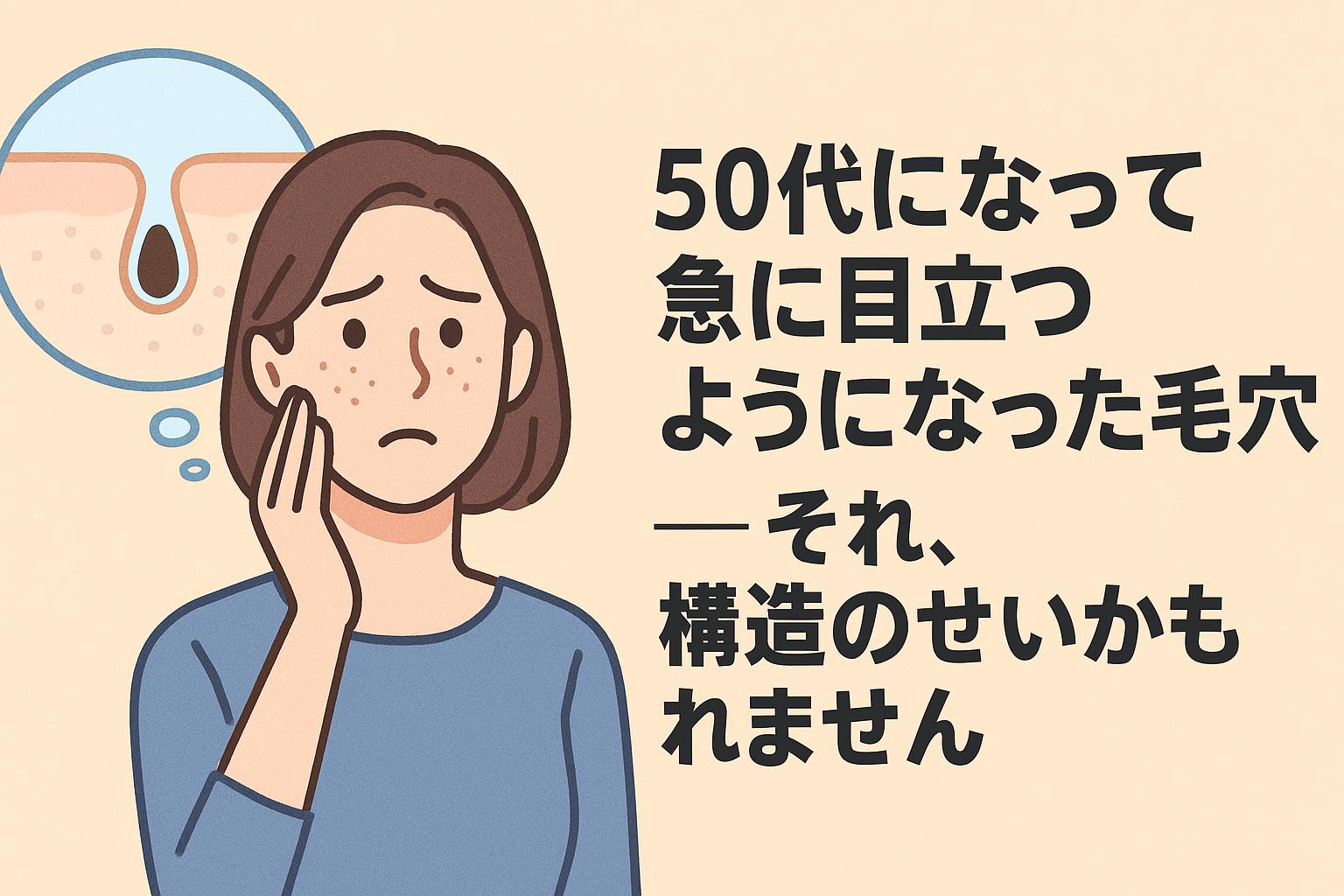 50代になって毛穴が急に目立つようになった女性を描いたイラスト。肩までの髪を整えた女性が不安そうに左頬を手で触れ、思考バブルには広がった毛穴構造の断面図が描かれている。右側には「50代になって急に目立つようになった毛穴──それ、構造のせいかもしれません」という太字の日本語テキストが配置され、年齢による毛穴構造の変化に気づきを促す構成。