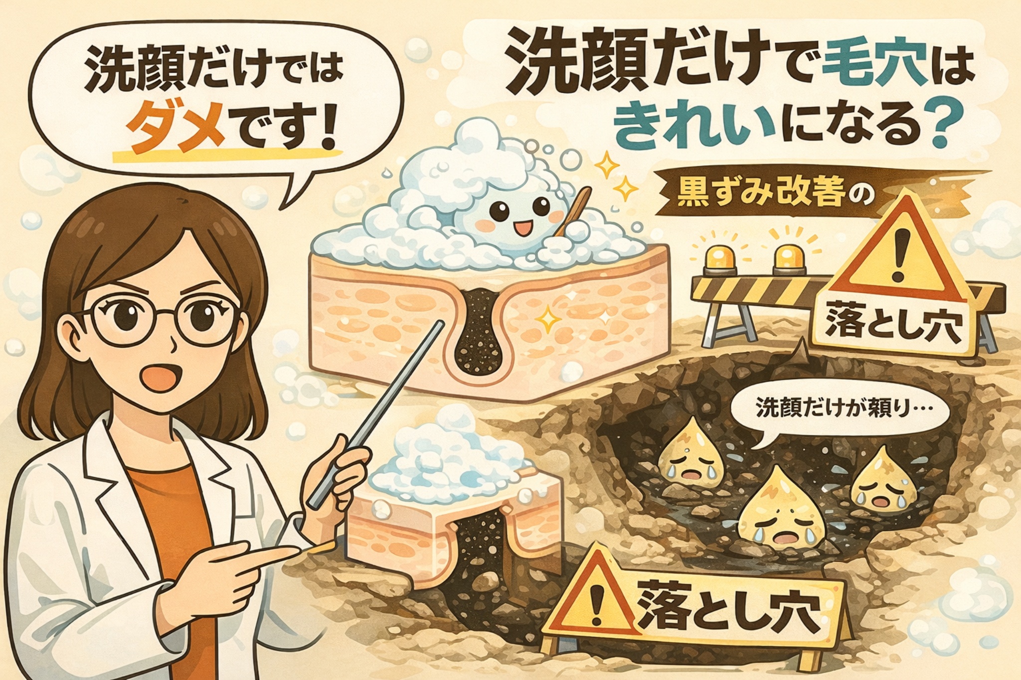 「洗顔だけでは毛穴はきれいにならない」ことを解説するイラスト。白衣の女性が指し示す毛穴断面図で、泡洗顔だけでは黒ずみや角栓が毛穴奥に残りやすい様子を示し、洗顔頼みのケアが黒ずみ改善につながらない理由を「落とし穴」という比喩でわかりやすく表現している毛穴ケア解説画像。