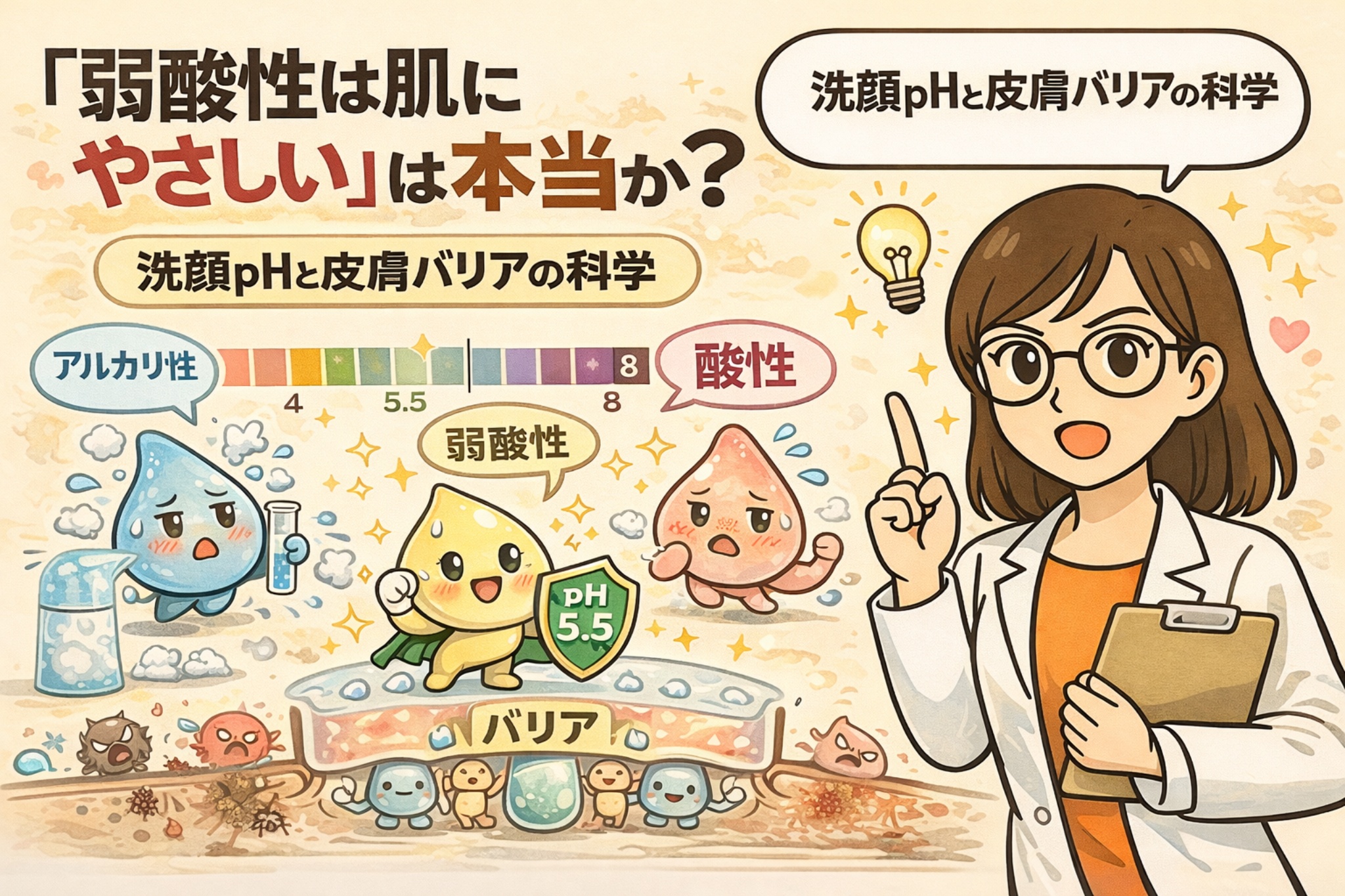 「弱酸性は肌にやさしい」は本当か?というテーマで、洗顔料のpHと皮膚バリアの関係を解説した図解イラスト。アルカリ性・弱酸性・酸性を擬人化したキャラクターと、pH5.5付近が皮膚バリアに適していることを白衣の女性が説明している。