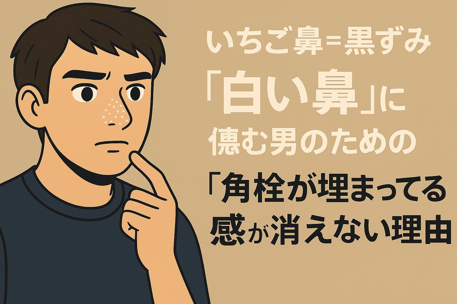 毛穴に角栓が埋まっている感覚が消えない理由に注目した構成。鼻先の白い角栓と疑問を持つ男性の表情が特徴的なフラットデザイン。