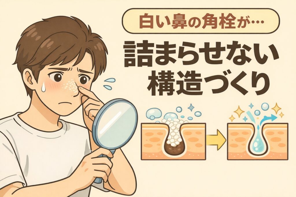 白い鼻の角栓が気になり鏡で確認する男性と、「白い鼻の角栓は詰まりを取るだけでは解決しない」という構造的な考え方を、毛穴断面図のビフォーアフターで示した図解イラスト。角栓を無理に除去するのではなく、毛穴の流れを整える構造づくりが重要であることを説明している