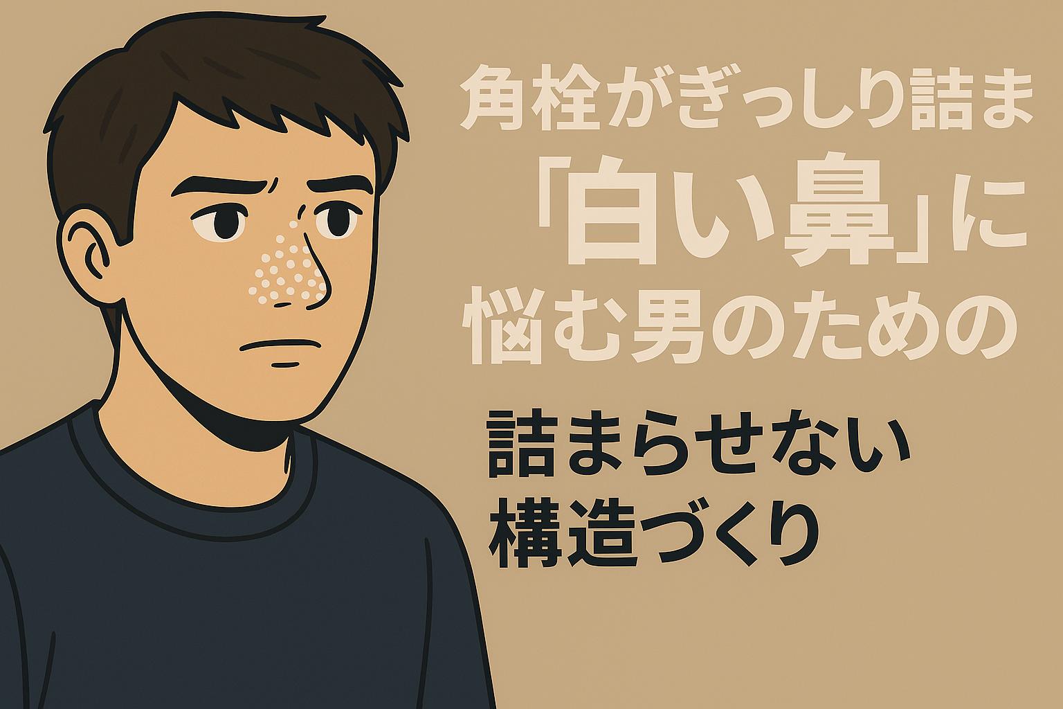 角栓がぎっしり詰まった白い鼻に悩む男性が真剣な表情で視線を向ける構図。詰まらせない構造をつくるケア思想を訴求するベージュ背景のビジュアル。