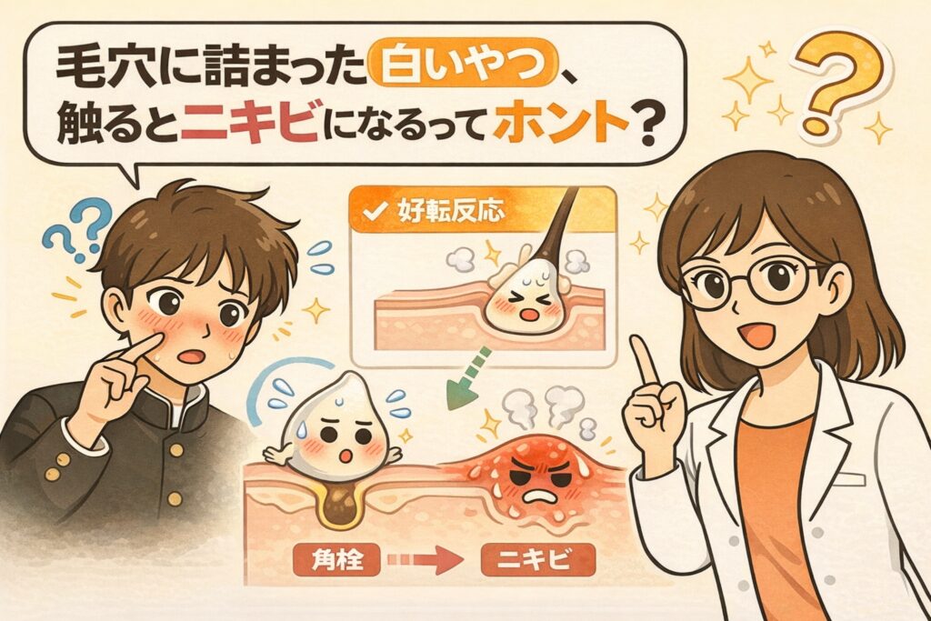 毛穴に詰まった白い角栓を触るとニキビになるのかを解説する図解イラスト。白い角栓が刺激を受けて炎症を起こし、ニキビへ進行する流れを、学生の悩む様子と白衣の女性の解説で示している。