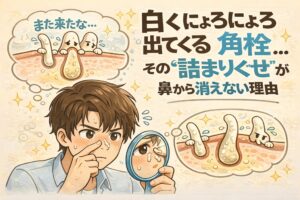 白くにょろにょろ出てくる角栓が、鼻から何度も繰り返し現れる理由を解説した図解イラスト。毛穴の中で皮脂と角質が詰まり続ける構造を、鏡で鼻を確認する男性と毛穴断面図、擬人化された角栓キャラクターでわかりやすく示している。