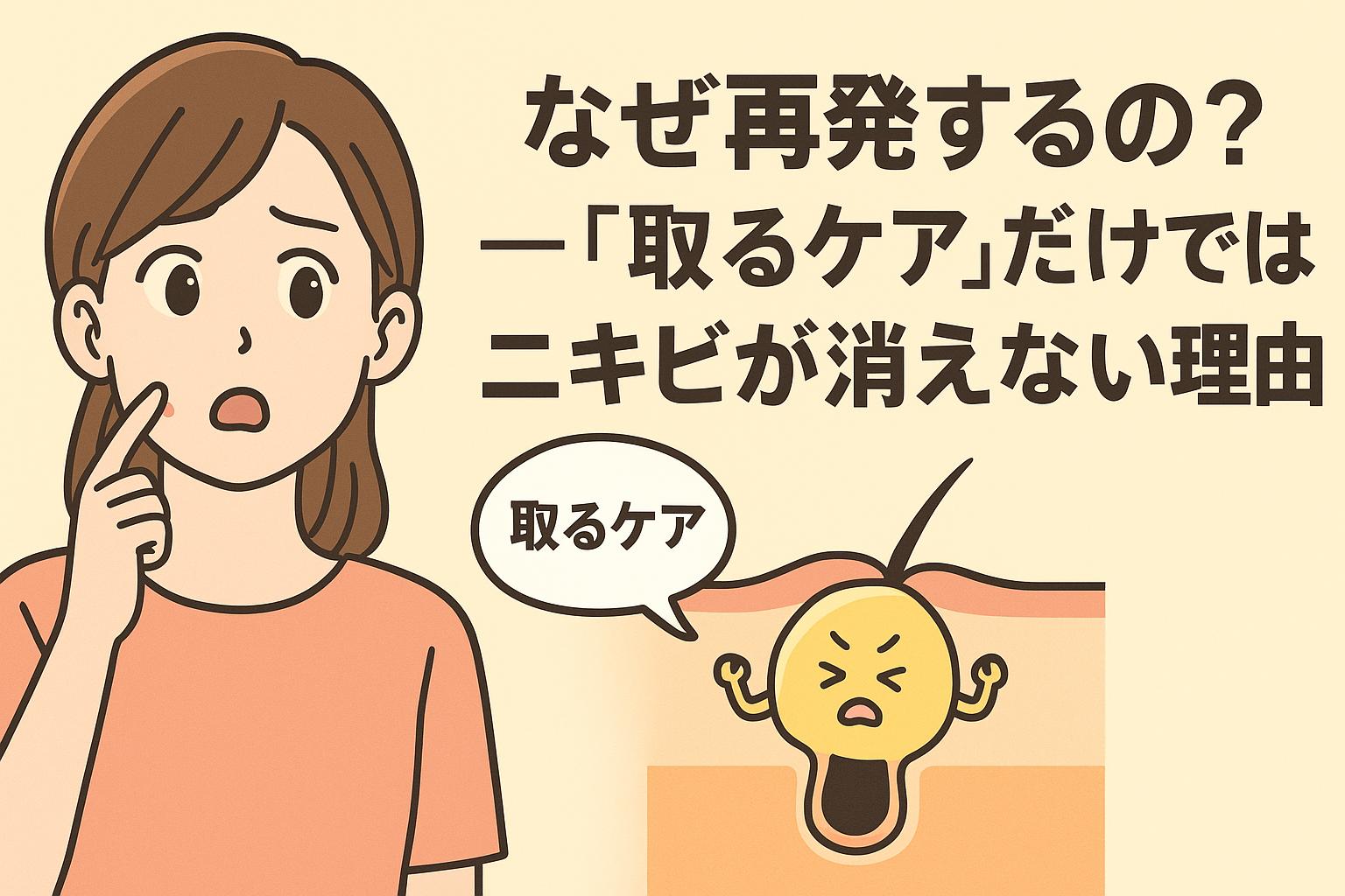 ニキビを気にする女性がほほに指を当てている2Dイラスト。右側には「なぜ再発するの？──『取るケア』だけではニキビが消えない理由」という大きなテキストと、怒った表情の毛穴キャラが図解されている。