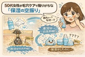 50代女性が毛穴ケアで陥りやすい「保湿の空振り」を解説したイラスト。化粧水で水分を与えても皮脂バランスが崩れ、水分が肌に留まらず行き場を失う状態を、毛穴断面図とスキンケア工程で視覚的に示している。