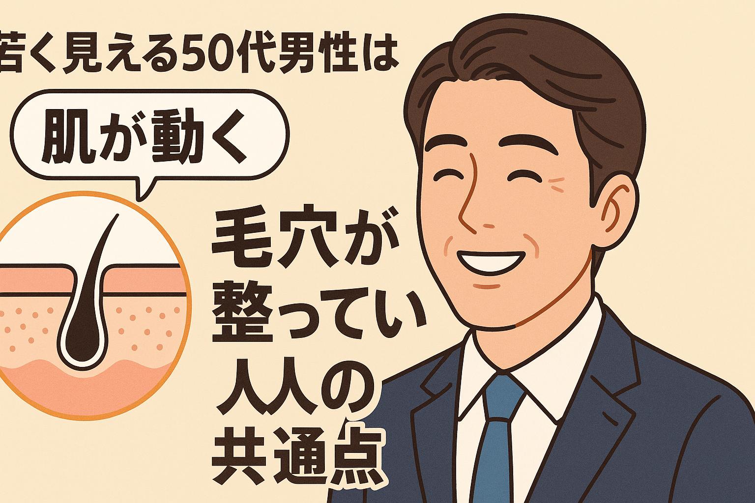 若く見える50代男性の共通点として「肌が動く」ことをテーマにしたイラスト。スーツ姿で笑顔の男性と、柔らかく整った毛穴構造の断面図が並び、毛穴環境の良さと表情の若々しさを視覚的に訴える構成。