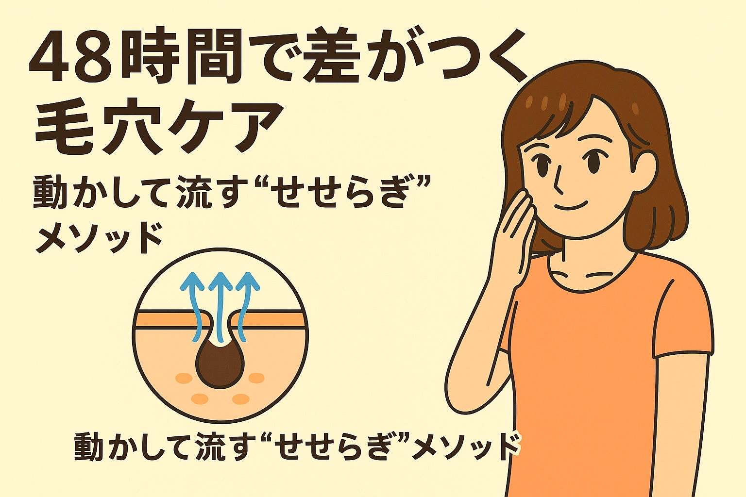 48時間で差がつく毛穴ケアを説明するフラットイラスト。頬に手を当てる女性と、毛穴内部の汚れを動かして流す“せせらぎ”メソッドを示す図解が描かれている。