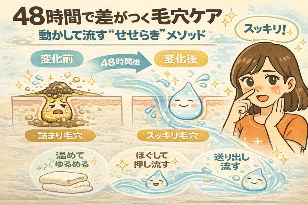 48時間で差がつく毛穴ケアとして「動かして流す“せせらぎ”メソッド」を解説するイラスト。詰まり毛穴からスッキリ毛穴へ変化する様子を、48時間前後の比較で図解。温めてゆるめ、ほぐして押し流し、送り出して流すという流れを水のキャラクターで表現し、鼻を触って変化を実感する女性が描かれている構図。