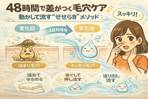 48時間で差がつく毛穴ケアとして「動かして流す“せせらぎ”メソッド」を解説するイラスト。詰まり毛穴からスッキリ毛穴へ変化する様子を、48時間前後の比較で図解。温めてゆるめ、ほぐして押し流し、送り出して流すという流れを水のキャラクターで表現し、鼻を触って変化を実感する女性が描かれている構図。
