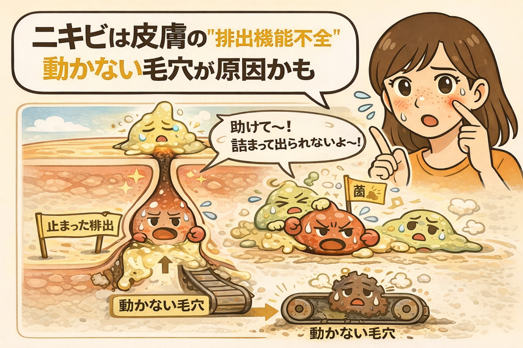 ニキビの原因が「皮膚の排出機能不全」、つまり動かない毛穴にあることを解説したイラスト。皮脂や角質が毛穴内に詰まって排出されず、菌が増殖して炎症につながる流れを、止まった排出口と擬人化キャラクター、悩む女性の表情で分かりやすく示している。