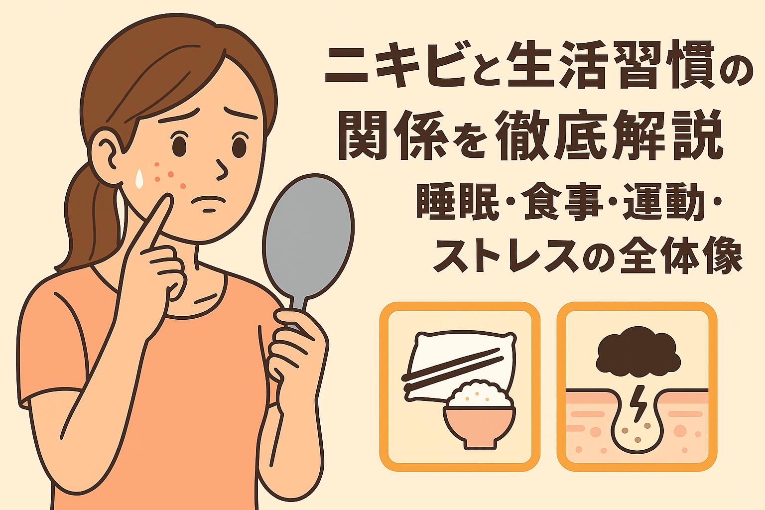 20代女性が鏡を見ながら頬のニキビを気にしているイラスト。右側には「ニキビと生活習慣の関係を徹底解説｜睡眠・食事・運動・ストレスの全体像」という文字と、睡眠（枕）、食事（ご飯と箸）、ストレス（雲と稲妻）を表すアイコンが描かれている。
