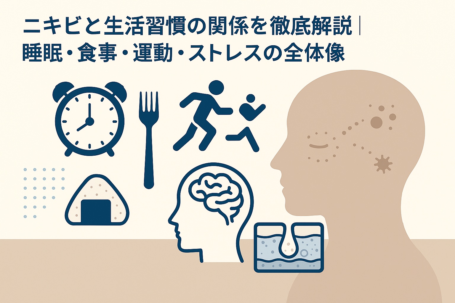 ニキビと生活習慣の関係をテーマにした図解イラスト。左側に時計・フォーク・おにぎり・ランニング・脳のアイコンが並び、睡眠・食事・運動・ストレスの要素を表現。右側には顔の輪郭と皮脂の詰まりを示す毛穴断面図が配置され、「ニキビと生活習慣の関係を徹底解説｜睡眠・食事・運動・ストレスの全体像」と書かれている。