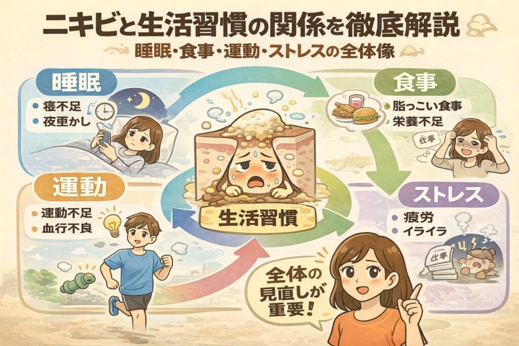 ニキビと生活習慣の関係を解説した図解イラスト。睡眠不足・偏った食事・運動不足・ストレスが皮脂や角栓に影響し、ニキビを悪化させる流れを循環図で示し、全体的な生活習慣の見直しが重要であることを分かりやすく説明している。