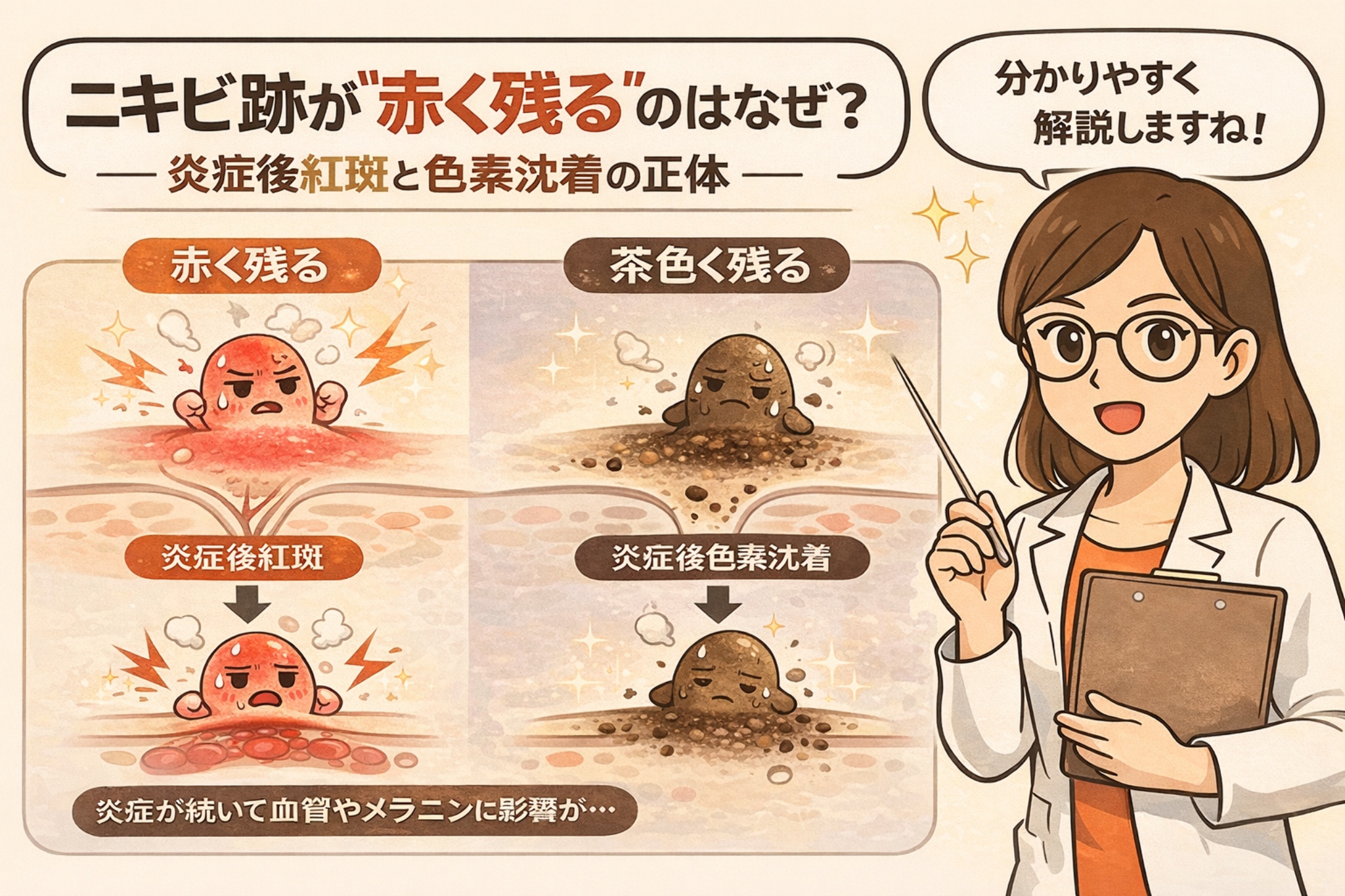ニキビ跡が赤く残る理由と茶色く残る理由の違いを解説する図解イラスト。左側は炎症が続いて血管が拡張したことで赤みが残る「炎症後紅斑」を示し、右側はメラニンが沈着して茶色く残る「炎症後色素沈着」を示している。白衣の女性が指差しで説明し、ニキビ跡の色の違いは原因と回復プロセスが異なることをわかりやすく伝えるビジュアル。