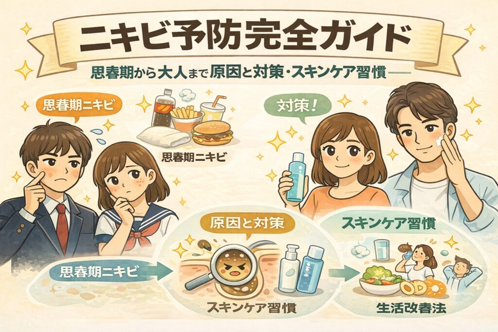 思春期から大人までのニキビ予防を網羅的に解説する完全ガイドのイラスト。思春期ニキビの原因（皮脂分泌や食生活）と対策、正しいスキンケア習慣や生活改善法を、年代別の人物イラストと図解で整理して紹介している。ニキビの原因理解から予防習慣までを一枚で把握できる美容解説画像。
