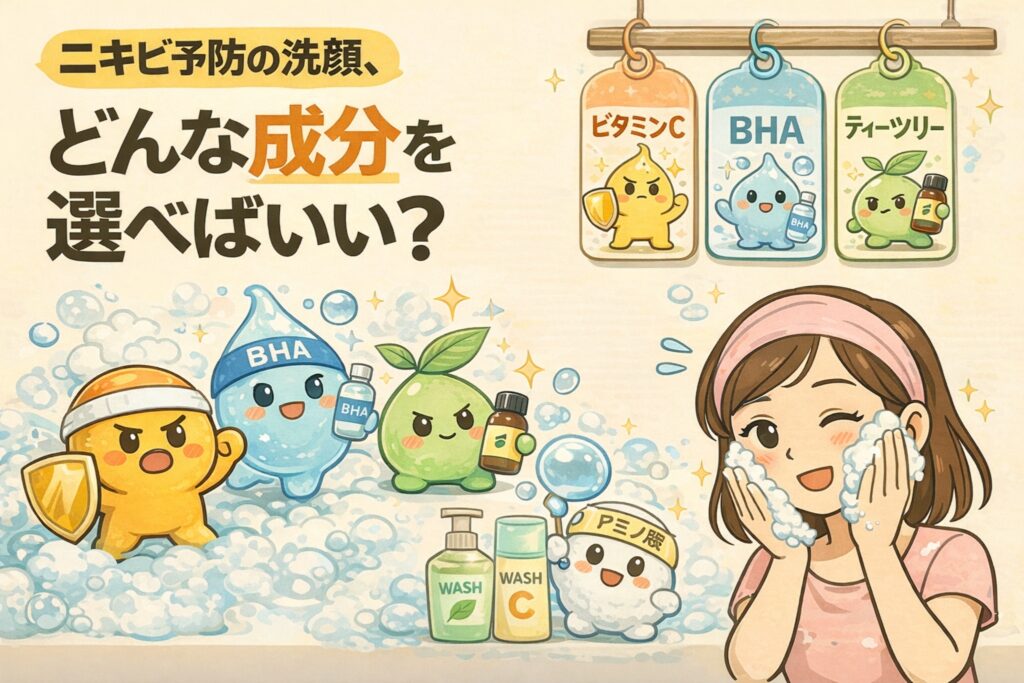 ニキビ予防の洗顔で選ぶべき成分を分かりやすく示したイラスト。泡の中に、ビタミンC・BHA・ティーツリーを擬人化したキャラクターが描かれ、それぞれの役割を象徴的に表現。右側では泡洗顔をする女の子が登場し、低刺激で肌を清潔に保つ洗顔成分選びの重要性を伝えている。