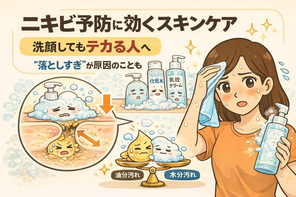 洗顔してもテカる人向けに、ニキビ予防の視点から「落としすぎ」が原因になる構造を解説したイラスト。洗浄のしすぎで水分と油分のバランスが崩れ、毛穴に皮脂が詰まりやすくなる様子を、毛穴断面とスキンケア工程で視覚的に表現している。