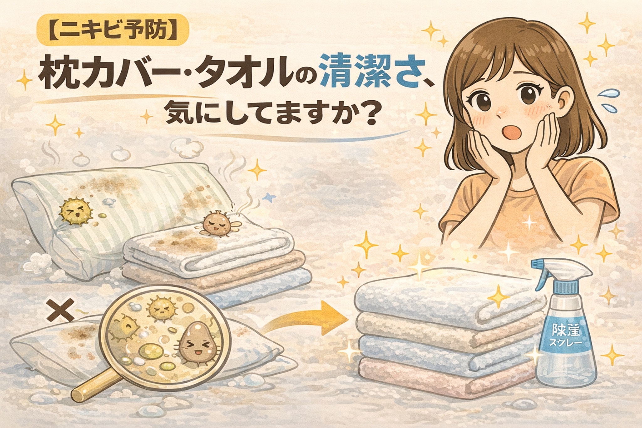 ニキビ予防をテーマに、枕カバーやタオルの清潔さが肌トラブルに与える影響を解説したイラスト。汚れや雑菌が付着した枕・タオルと、洗濯・除菌スプレーで清潔に保たれた状態を対比し、頬に手を当てて驚く女性の表情で「清潔習慣の重要性」を視覚的に伝えている。
