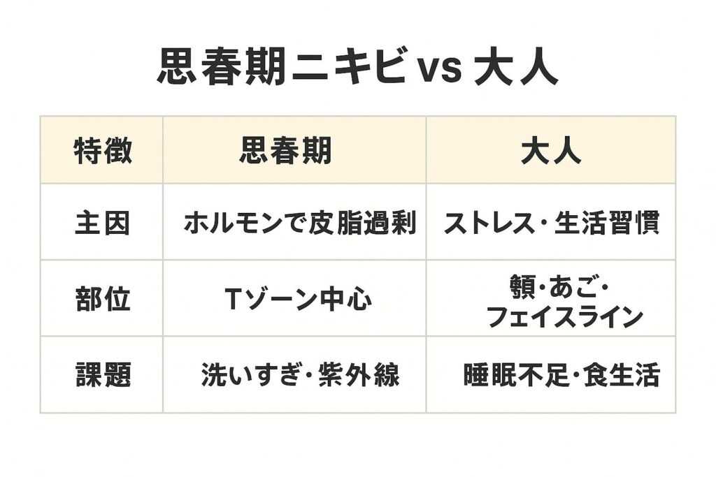 「思春期ニキビと大人ニキビの比較表。思春期は『主因：ホルモンで皮脂過剰』『部位：Tゾーン中心』『課題：洗いすぎ・紫外線』、大人は『主因：ストレス・生活習慣』『部位：頬・あご・フェイスライン』『課題：睡眠不足・食生活』と整理されている。」