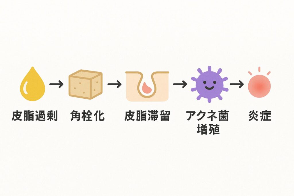 「ニキビ発生の基本フローを示す横長図解。左から順に、皮脂過剰（しずくアイコン）、角栓化（ブロックアイコン）、皮脂滞留（毛穴断面アイコン）、アクネ菌増殖（紫の菌アイコン）、炎症（赤い円アイコン）が矢印でつながっている。」