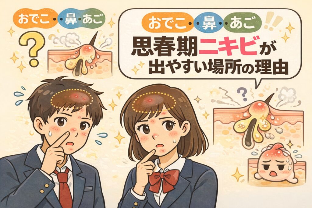 思春期ニキビが「おでこ・鼻・あご」に出やすい理由を解説するイラスト。男女の学生がそれぞれ気になる部位を指さし、皮脂分泌が活発なTゾーンや毛穴構造の断面図を用いて、炎症や詰まりが起こりやすい仕組みをわかりやすく示している。
